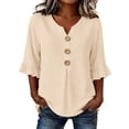 thumbnail image 2 of Only Moment Button Down Shirts for Women 3/4 Sleeve V Neck Ruffle Sleeves Cotton and Linen Dress Shirts Oxford Shirts Long Sleeve Work Blouses Collared Tops Tunics with Pocket Beige,L, 2 of 9