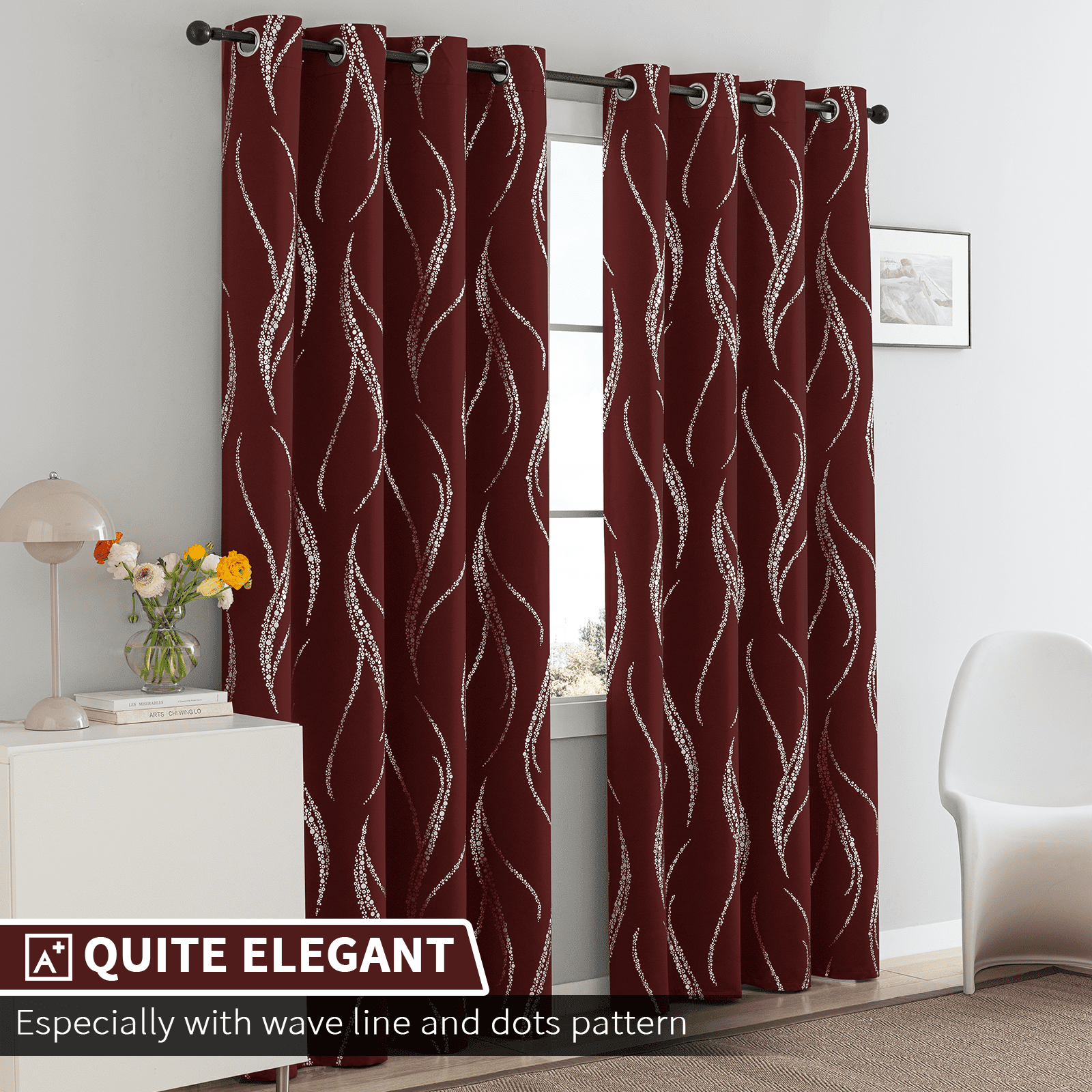 Yakamok Blackout Curtains for bedroom - Wave Line with Dots Silver Print Design Noise Reducing Thermal Insulated Ring Top Blackout Window Drapes for Livingroom (2 Panels, 52 x 84Inch, Burgundy)