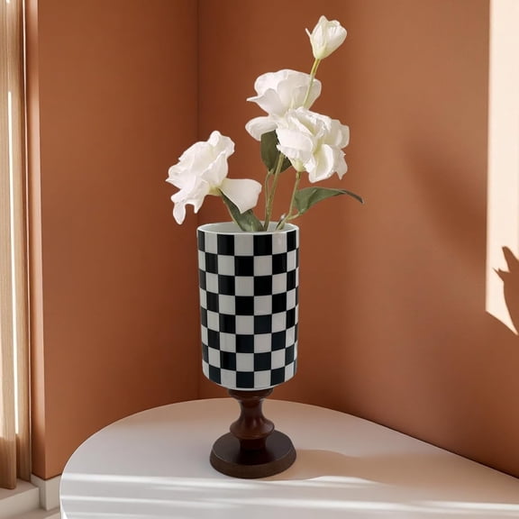 Checker Porcelain Flower Vase Home Decor, Black and White Ceramic Vase for Dining Table Kitchen Tabletop Minimalist Decorative(H-7.68inches,Wooden Base)