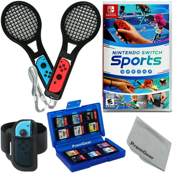 Nintendo Switch Sports Switch with Leg Strap accessory, 2 Tennis Rackets, 24 Slot Game Card Holder & PremGear Cleaning Cloth [video game]