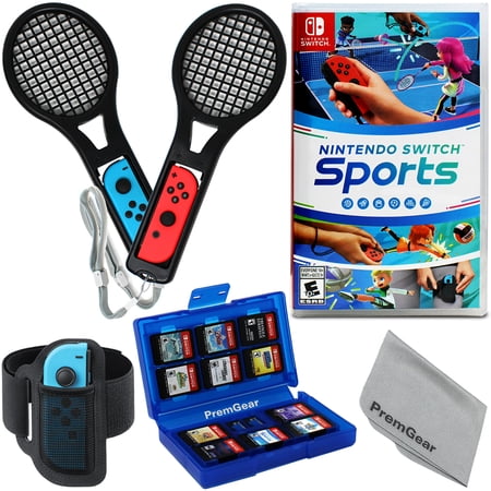 Nintendo Switch Sports Switch with Leg Strap accessory, 2 Tennis Rackets, 24 Slot Game Card Holder & PremGear Cleaning Cloth [video game]