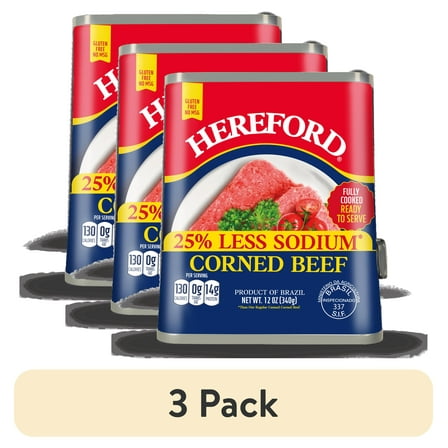 (3 pack) Hereford Corned Beef, 25% Less Sodium, 12 oz Can