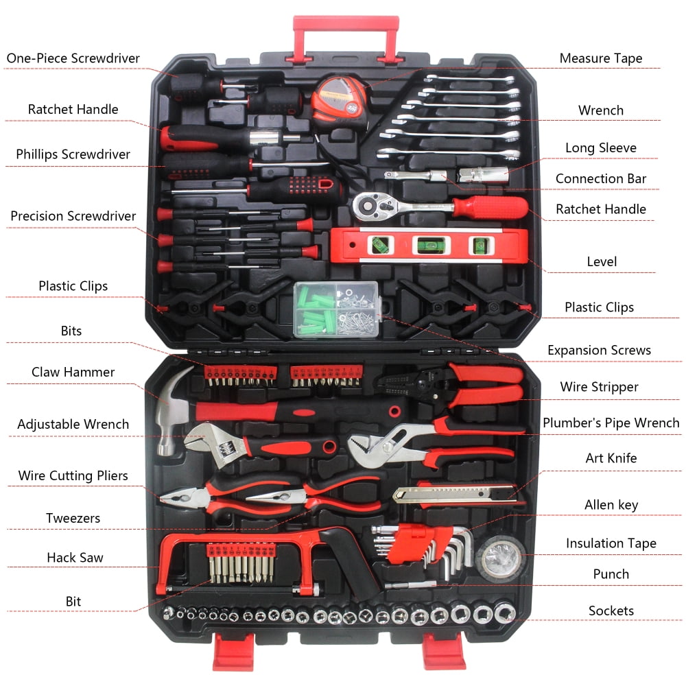 Tcbosik 238 Piece Tool Set, General Household Hand Tool Kit with Storage Case for Home, Garage, Basement, Black & Red