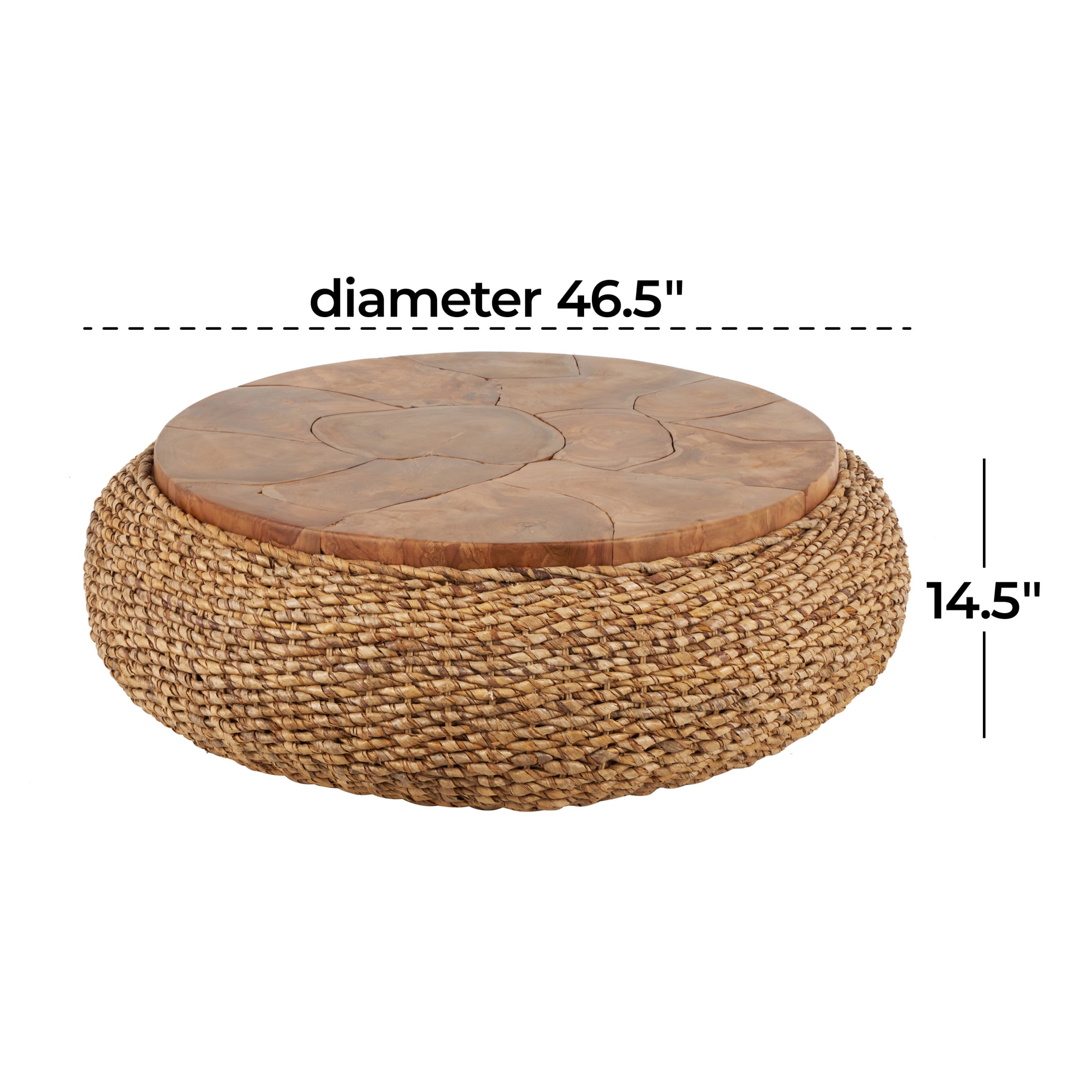 DecMode 47" x 15" Brown Rattan Wrapped Coffee Table with Teak Tabletop, 1-Piece