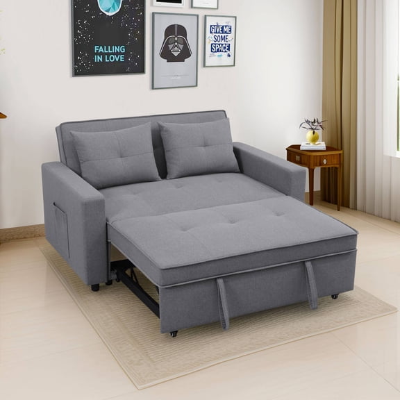 3-in-1 Convertible Sleeper Sofa Bed, Modern Futon Loveseat Velvet Pull-Out Couch Bed with Adjustable Backrest & Side Storage Pockets for Small Living Room, Grey