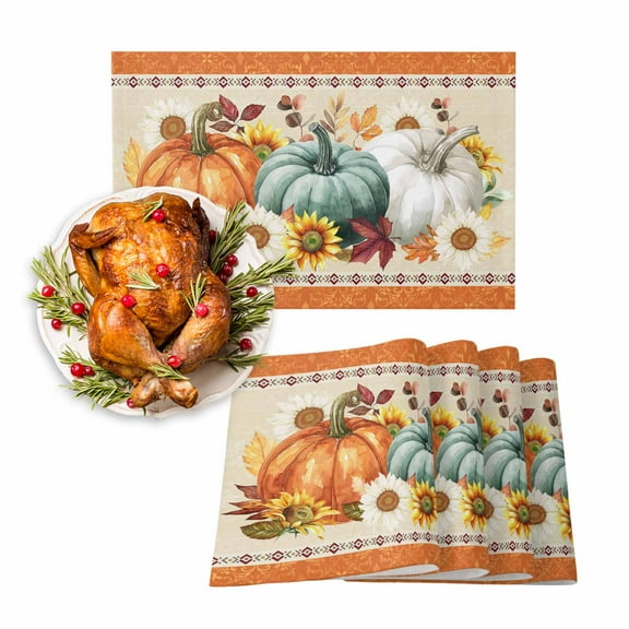 Fall Placemats Set of 4 Boho Pumpkin Leaves Place Mats Thanksgiving Placemat Autumn Sunflower Orange Leaf Table Mats for Dining Kitchen Table Holiday Dinner Party Home Fall Decorations 13x19 Inch