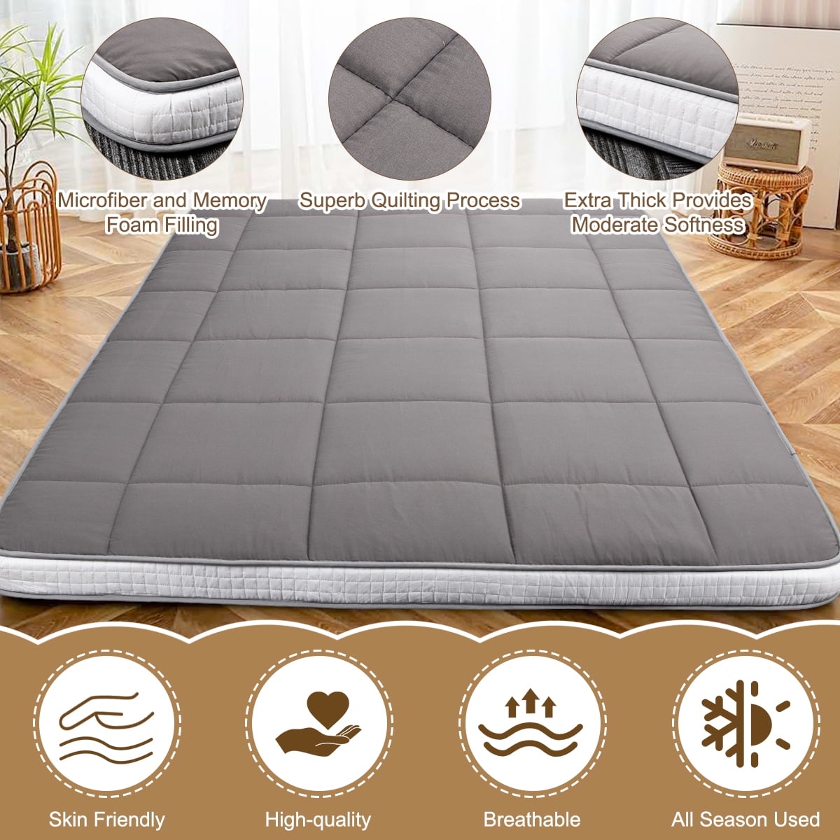 CshidWorld Japanese Floor Mattress, Futon Mattress w/Storage Bag & Washable Cover, Roll up Floor Mattress 4” Thick Tatami Mattress Quilted Bed Mattress Topper for Dorm, Guest Room, Gray, Queen