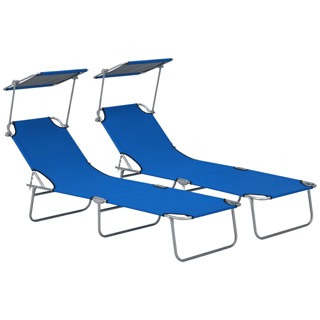 2Pcs Outdoor Folding Lounge Chairs with Adjustable Sun Shade, Blue Steel Frame Chaise Loungers for Patio, Poolside, Garden, Beach & Camping, 73.6" L x 22.8" W Oxford Fabric