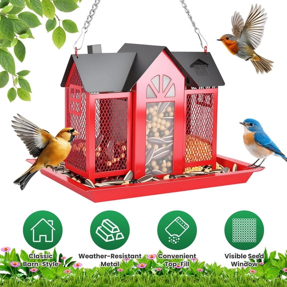 Moclever Metal Hanging Bird Feeder for Outdoors, Classic Barn Wild Bird Feeder House with Visible Window and Lift Top Lid for Garden Yard, Red