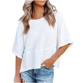 thumbnail image 2 of T-Shirts For Women Sevevn Women's Summer Patchwork Solid Color Round Neck Five-point Flared Sleeves Loose Top T-Shirt, 2 of 7