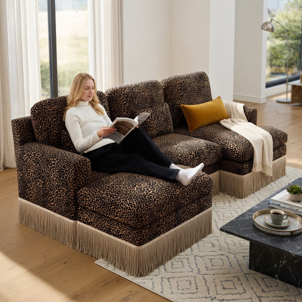 Hommoo Leopard Print Chenille Loveseat Sofa with Tassel Trim, 2-Seat Modular Sectional Couch, Ergonomic Deep Seat Design, Easy Assembly, Modern Living Room Sofa, Brown
