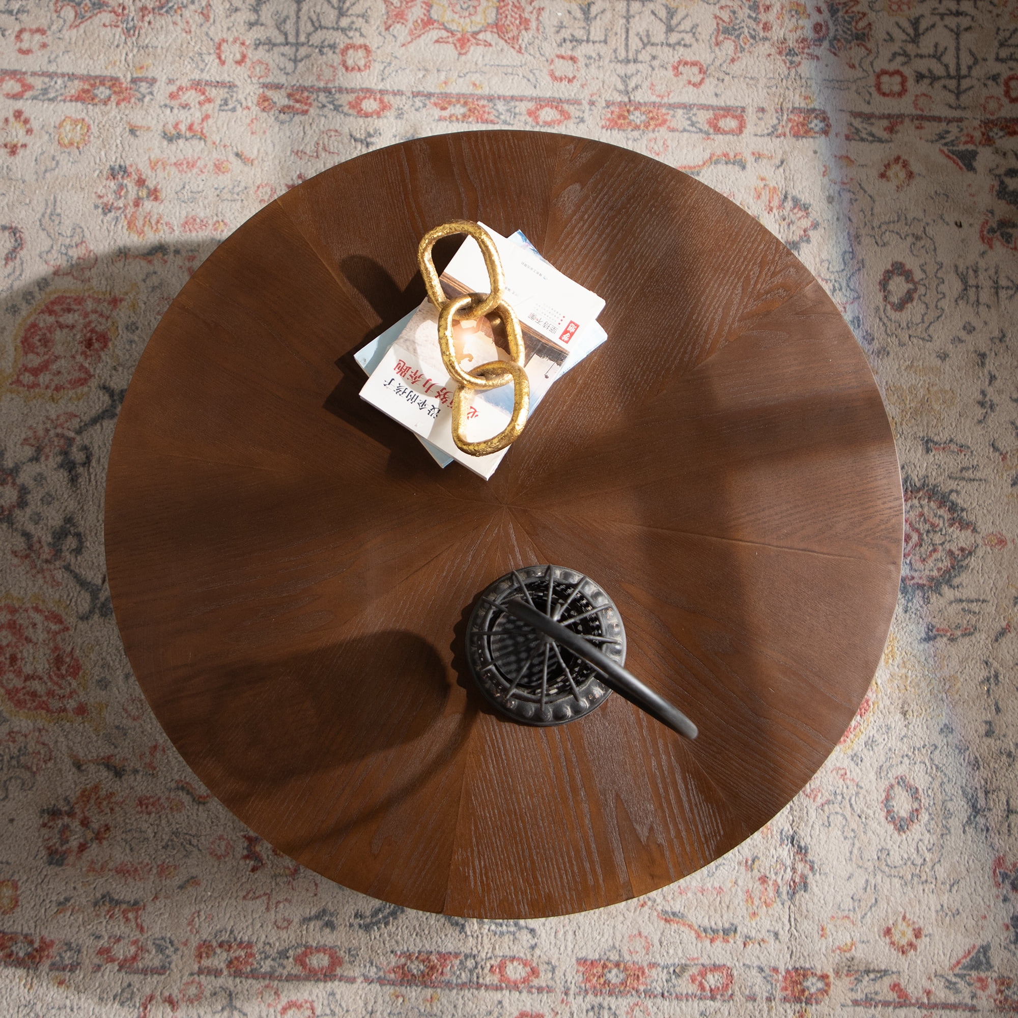 Leumius 30.31" Round Coffee Table Handcrafted Relief Sturdy Pedestal Wooden Tea Table for Living Room No Need Assembly Walnut