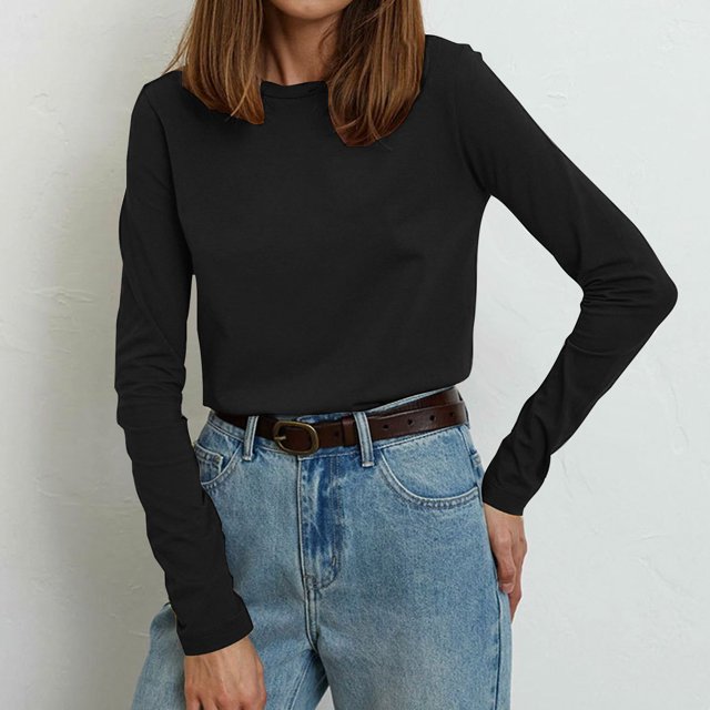 Hauts pour Femmes en Solde! Chemises à Manches Longues pour Femmes Automne Basiques Couleur Unie Hauts Ajustés Col Rond Tenues de Sortie Mignon T-Shirt Serré