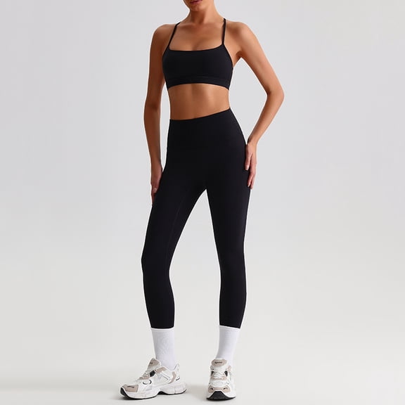PISONIC Womens Workout Sets Criss Cross Open Sports Bras and High Waist Leggings Sets Pilates 2 Piece Outfits for Women