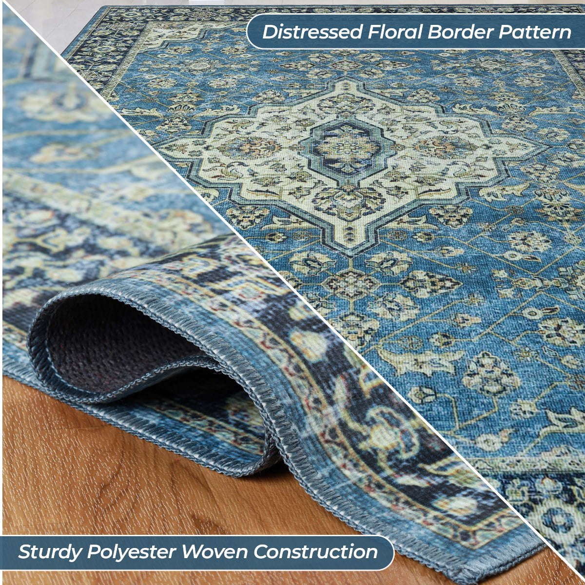 Superior Jay Medallion Bordered Washable Indoor Runner Rug, 2' 7" x 8', Blue