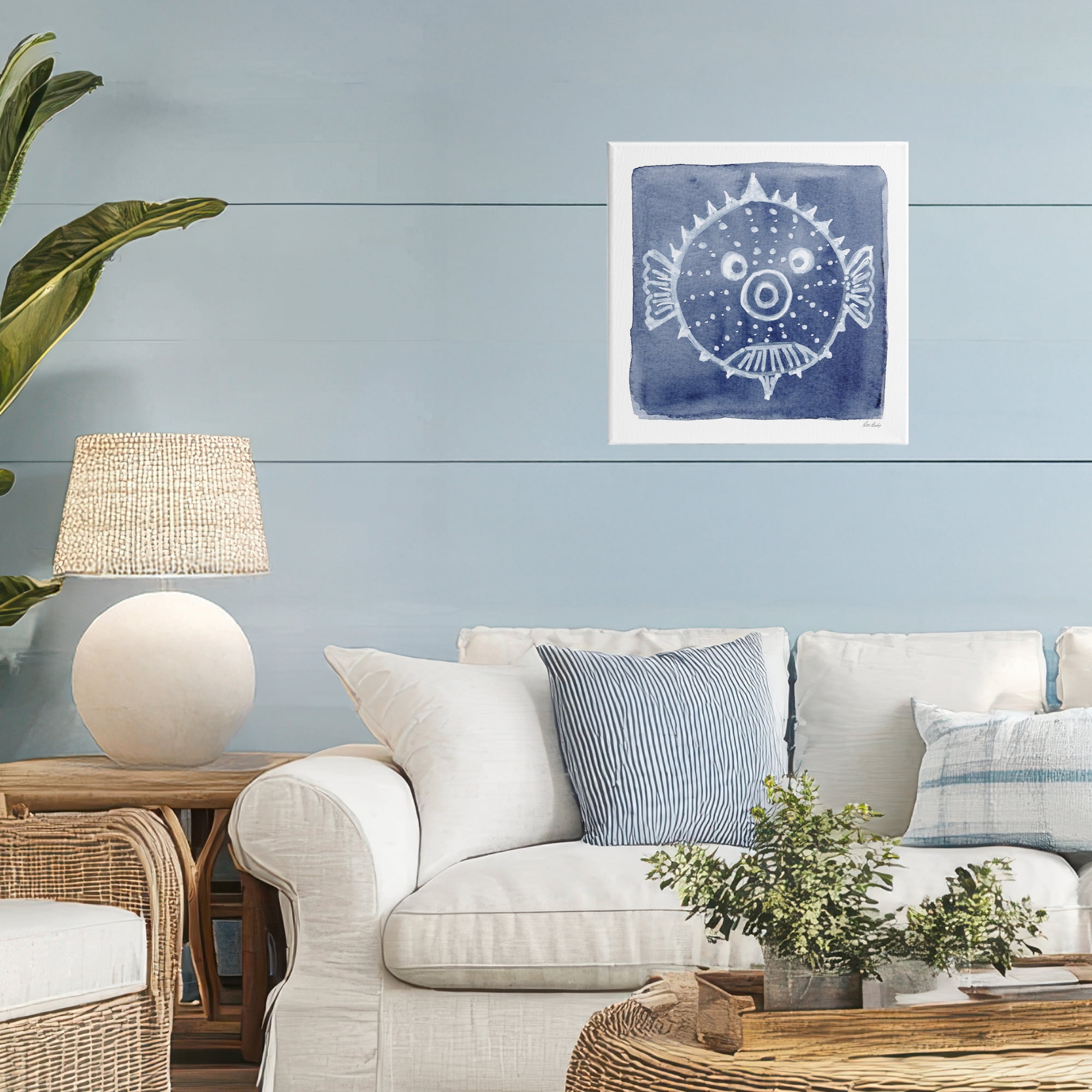 Stupell Industries White Blow Fish on Indigo Canvas Wall Art, design by Patti Bishop