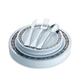 thumbnail image 1 of 100 Piece Silver & Black Disposable Plastic Plates & Plastic Silverware Set Heavyweight Place Setting | Service For 20 Guests Includes 20 Dinner Plates 20 Dessert Plates 20 Forks 20 Spoons 20 Knives, 1 of 5