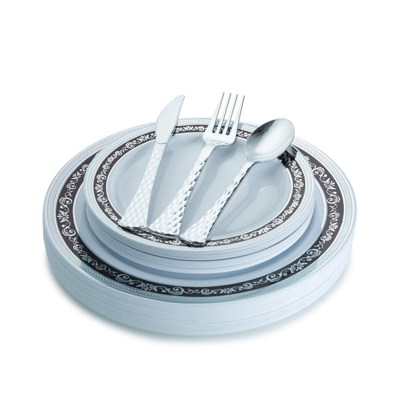 100 Piece Silver & Black Disposable Plastic Plates & Plastic Silverware Set Heavyweight Place Setting | Service For 20 Guests Includes 20 Dinner Plates 20 Dessert Plates 20 Forks 20 Spoons 20 Knives