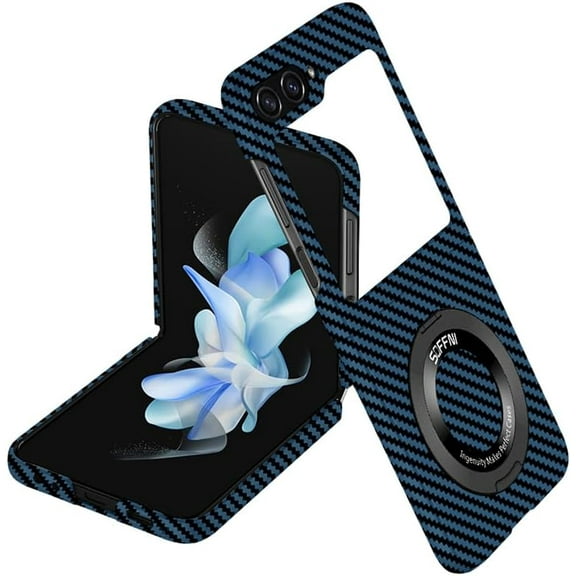Magnetic Case for Samsung Galaxy Z Flip 5 Case with Kickstand & Ring Holder, [Compatible with MagSafe] Carbon Fiber Slim Ultra Aramid Fiber Anti-Scratch Shockproof Case, Blue