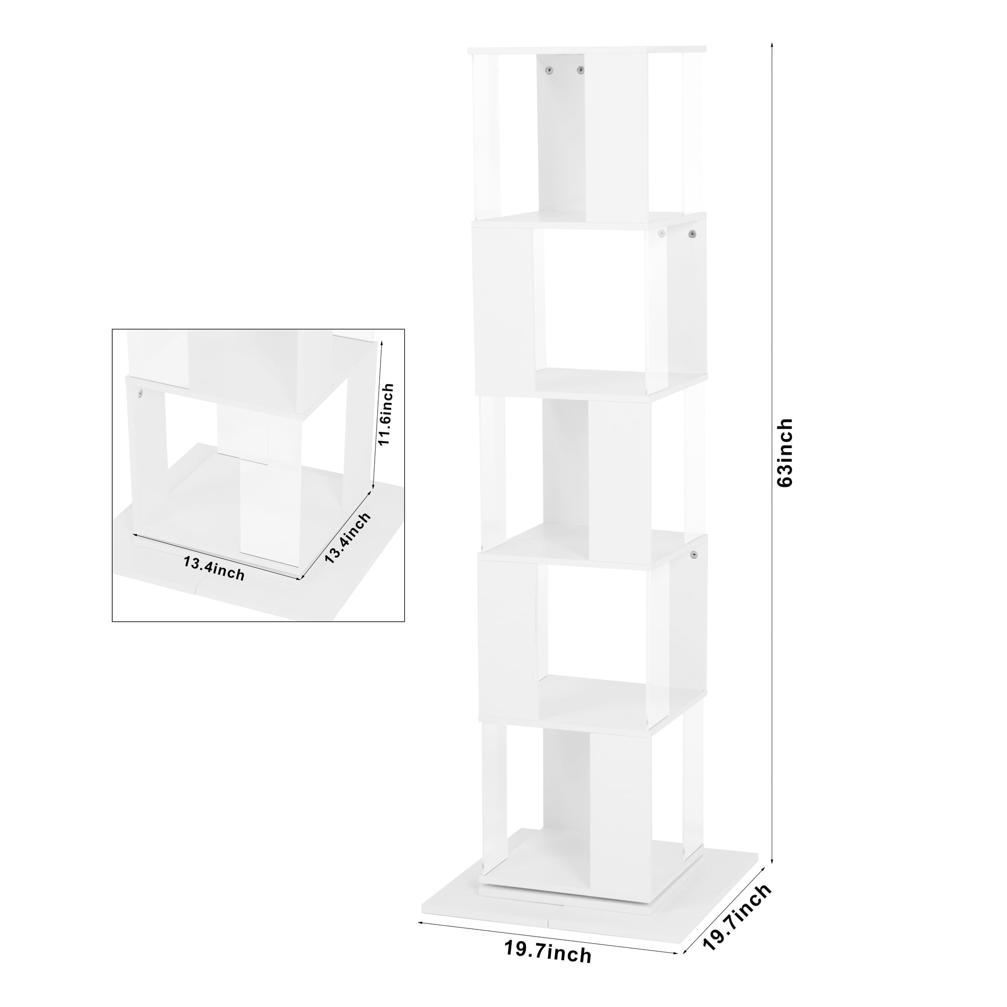 Noble House 5-Tier Rotating Bookshelf with Acrylic Panels, Anti-Toppling Base, White