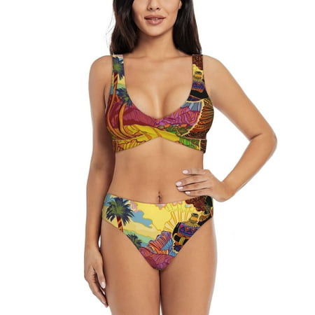 Zeuib Beautiful African Woman High Waisted Tummy Control Bikini Set - Knot Front Push Up Top & Cheeky Thong Bottom  Two-Piece Swimsuit for Women-Large