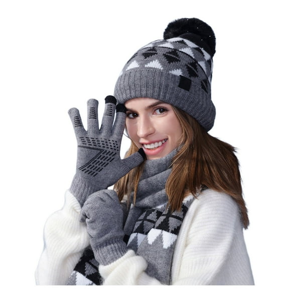 BRICH Women Winter Beanie Hats Scarf Gloves Set Warm Lined Knit Skull Caps Pom Long Scarf Touchscreen Gloves Set Grey One Size