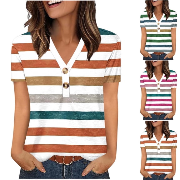 YHAJDS Blouses for Women V Neck Button Down Random Stripe Print Loose Casual Short Sleeve T Shirts