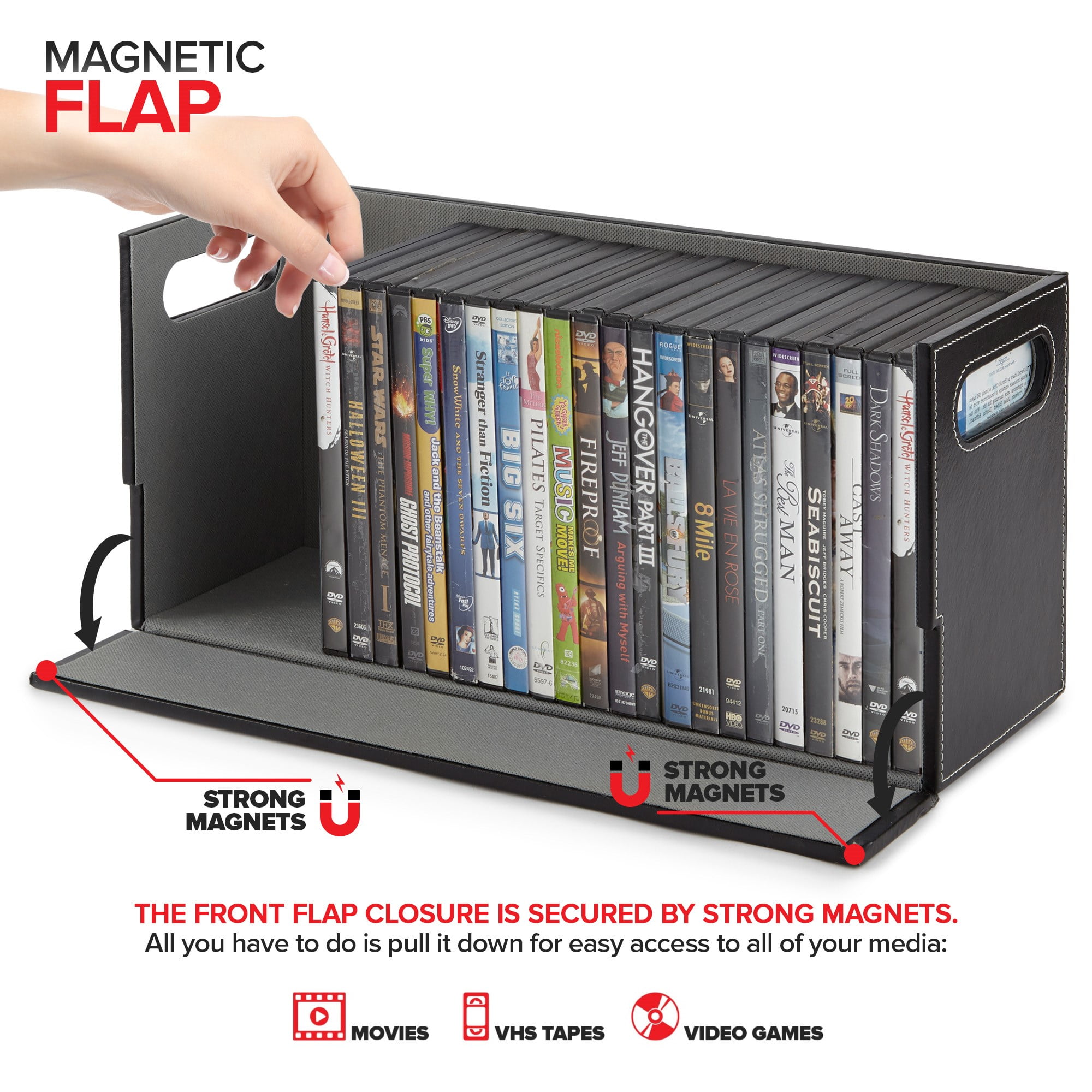 Stock Your Home DVD Storage Box, Movie Shelf Organizer for Blu-Ray, Video Game Cases, CDs, VHS Tape Display Stand, Disc Holder Can Store Up to 28 DVDs, Faux Leather (Black)
