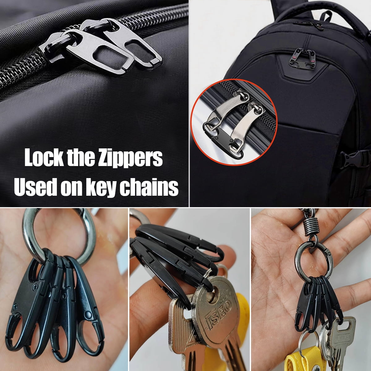 Zipper Lock Set 12-Pack – Dual-Open Anti-Theft Clips For Bags, Backpacks, Tents & Travel Gear (Black/Silver/Gray, 1.46" X 0.47")