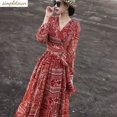 thumbnail image 2 of 2023 Otoño Nuevo Estilo de Moda para Mujer Vestido de Gasa Estampado de Una Pieza con Cuello en V Atado Falda Larga de Manga Larga con Flores Rojas, 2 of 5