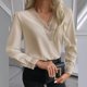 thumbnail image 2 of Moda mujer encaje sólido manga larga encaje patchword V cuello camisa blusa Fridja  FKASFK3893, 2 of 8
