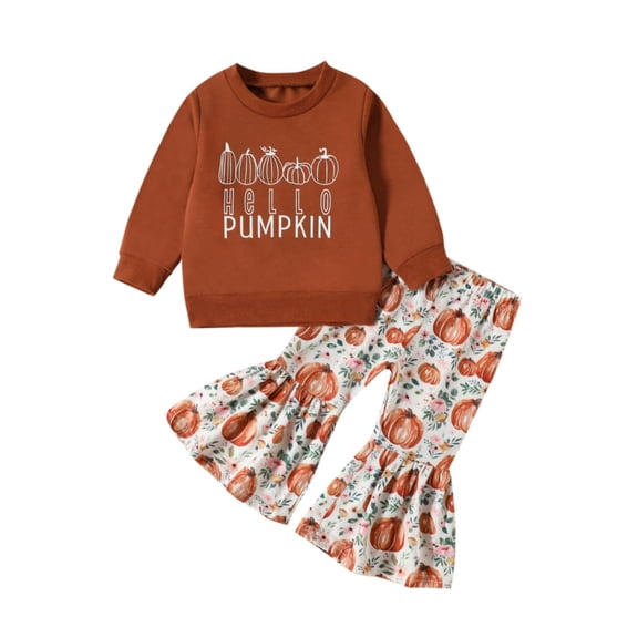UACY Toddler Baby Girl Halloween Outfit, Pumpkin Patch Crewneck Sweatshirt Tops and Flared Pants Set for Fall Winter Wear (Brown, 3-4 Years)