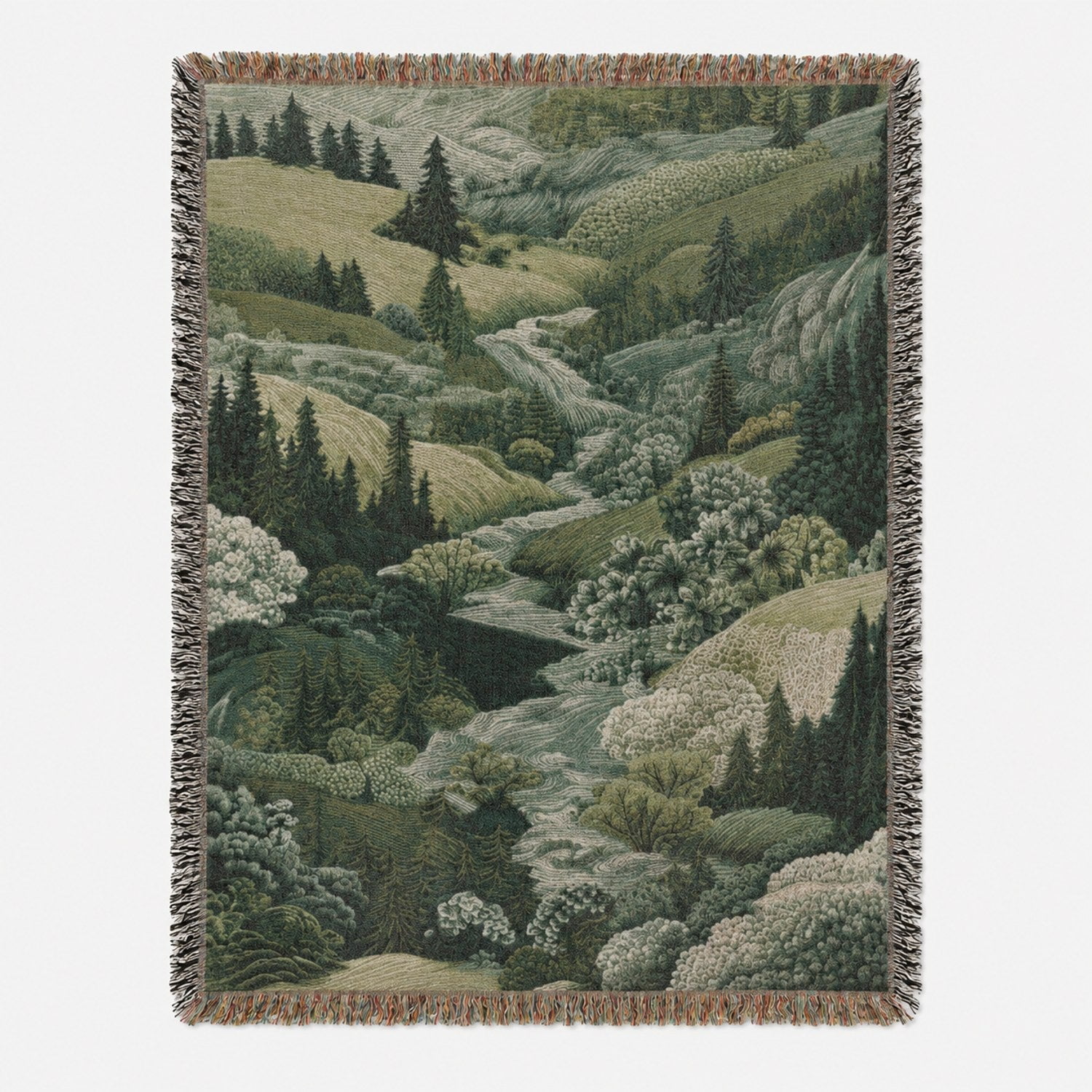 Green Mountain Valley Landscape Woven Blanket 100% Cotton Rustic Woodland Decor for Sofa and Bed
