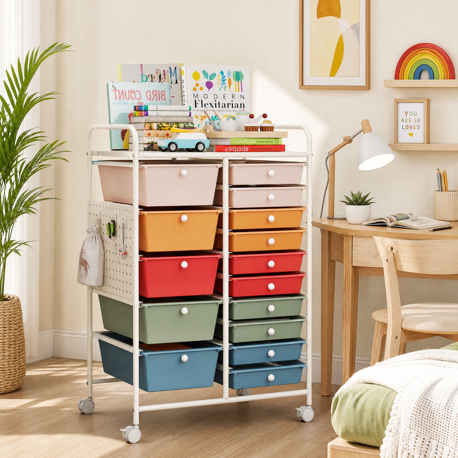 Furnibear 15 Drawer Rolling Storage Cart with Metal Tabletop Pegboard and Locking Wheels for Kitchen Office and Classroom Organizing, Macaron