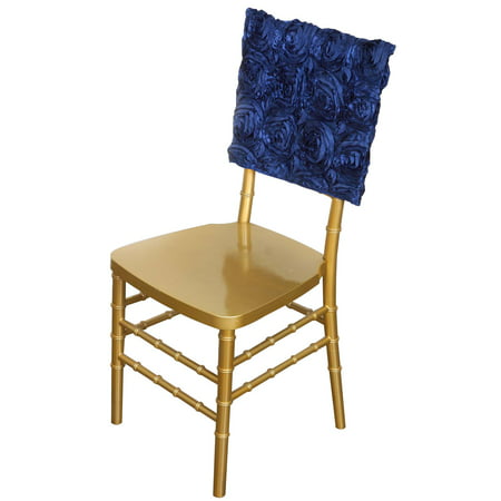 3D Rosette Satin Square Top Chivari Chair Cap, Navy Blue