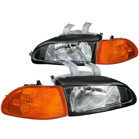 Spec-D Tuning For 1992-1995 Honda Civic 4Dr 4D Black Head Lights + Amber Corner (Left+Right) 1992 1993 1994 1995