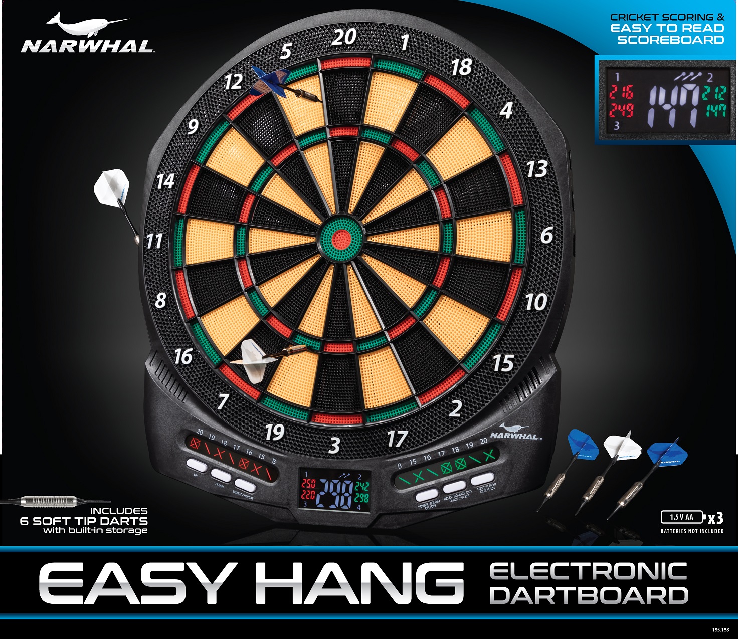 NARWHAL REVOLUTION ELECTRONIC DARTBOARD WITH 30 GAMES, CRICKET SCORING AND 6 PLASTIC TIP DARTS