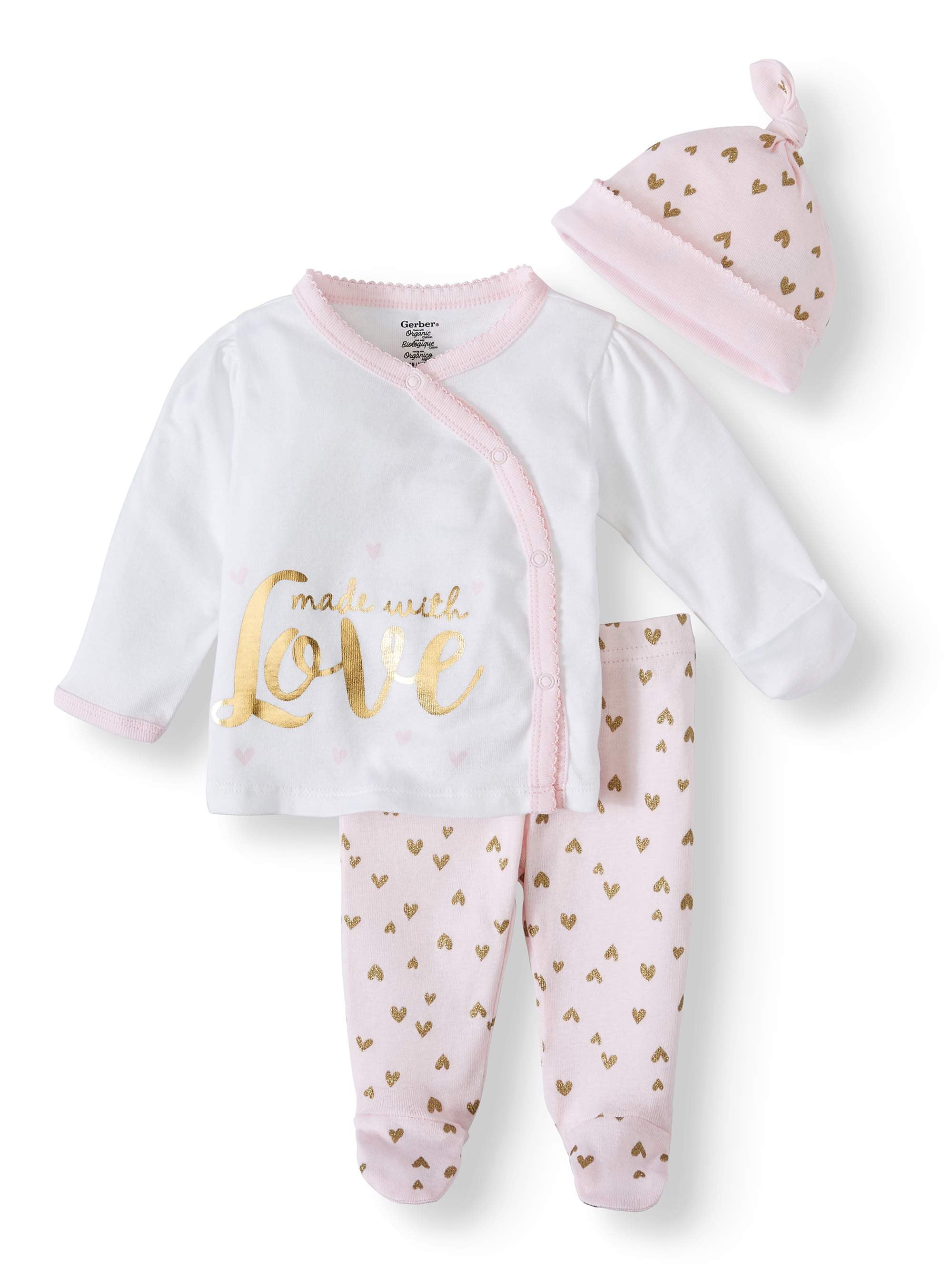 White Infant Bodysuit With Gold Glitter Hat and Headband Baby Girl Coming Home Outfit Leggings Pink with Gold Hearts Baby Girl