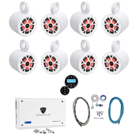 8) Rockville 6.5 700w Marine Wakeboard LED Speakers+Receiver+Amplifier+Wire Kit
