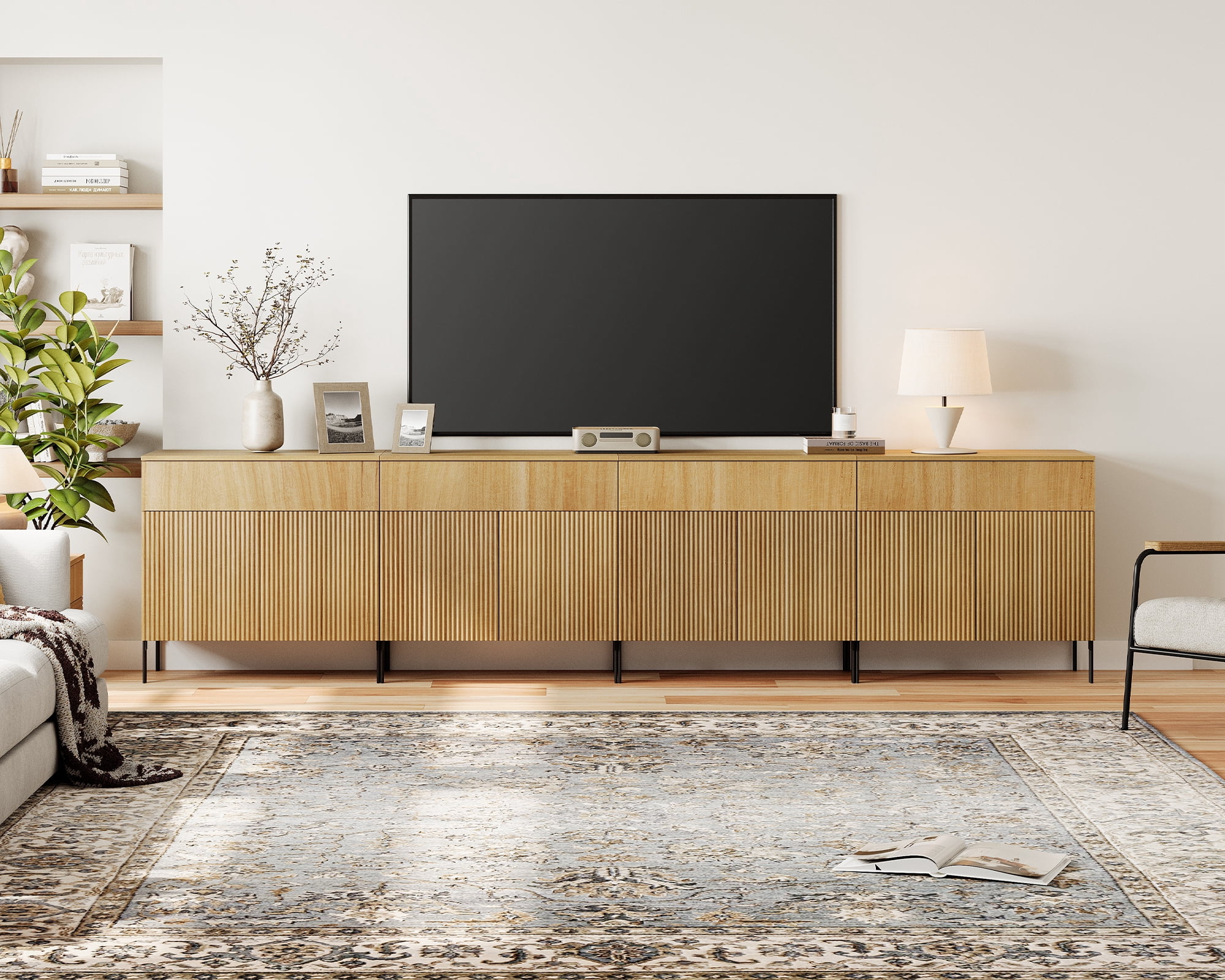 126" Wooden Reeded Sideboard with Doors and Drawers, 4-In-1 Modern Wide Credenza Storage Cabinet for Kitchen, Dining Room
