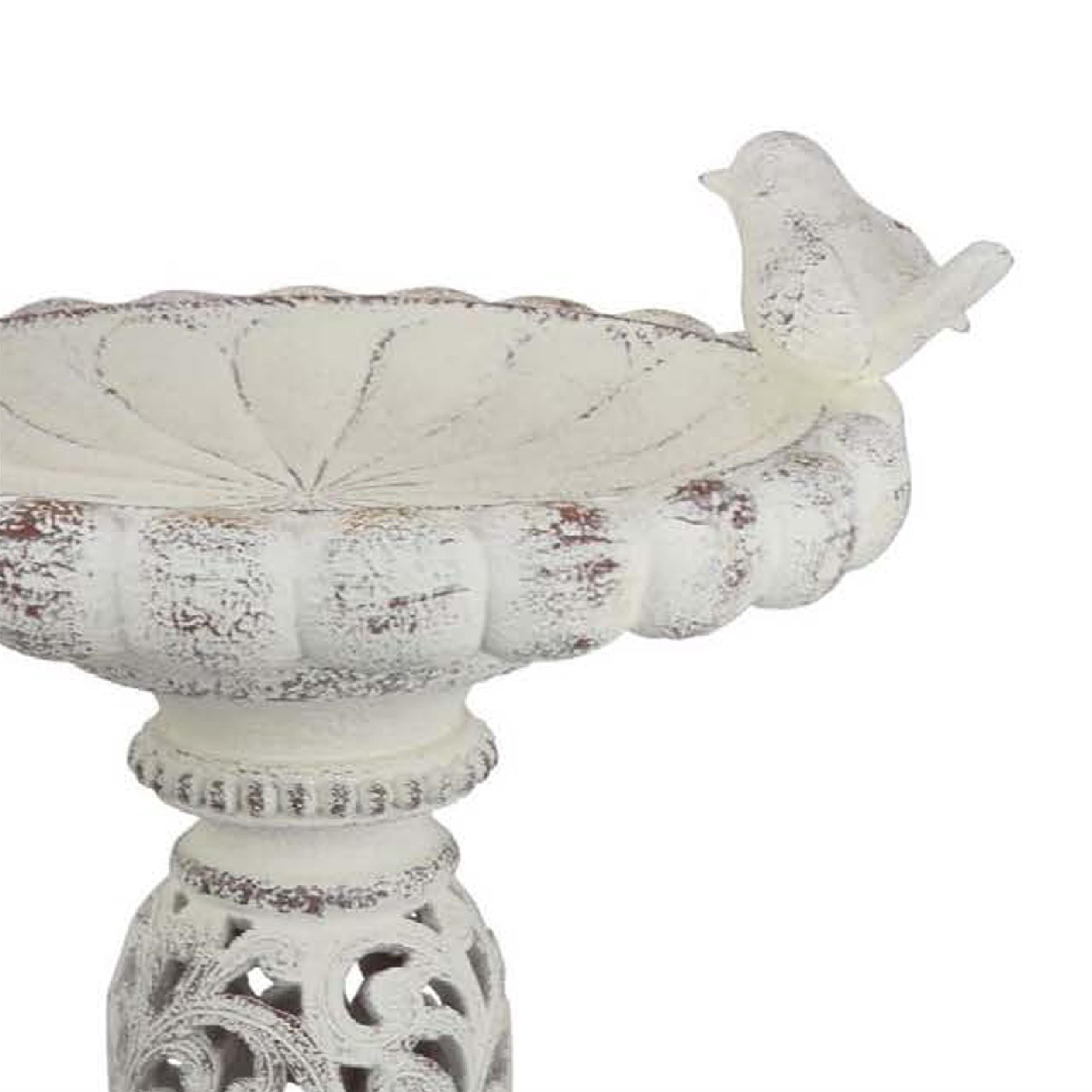 Benjara Niam Bird Bath Sculpture- 26" Weathered White Scrolled Resin