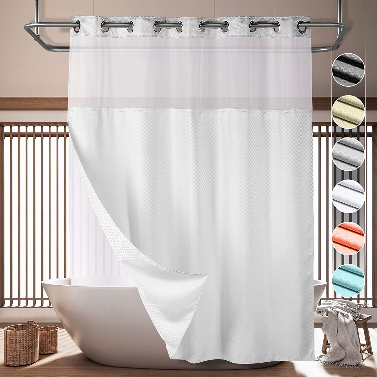 Machine Washable 72Wx72L Dark Grey Lagute CozyHook Heavy Duty Linen-Like Hook Free Shower Curtain Weighted Hem & 240 GSM Fabric Hotel Grade Bath Curtain