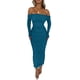 thumbnail image 1 of Vestido PRETTYGARDEN Maxi Azul Lago con Hombros Descubiertos, Fruncido y Abertura XL, 1 of 8