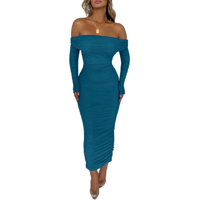 Vestido PRETTYGARDEN Maxi Azul Lago con Hombros Descubiertos, Fruncido y Abertura XL