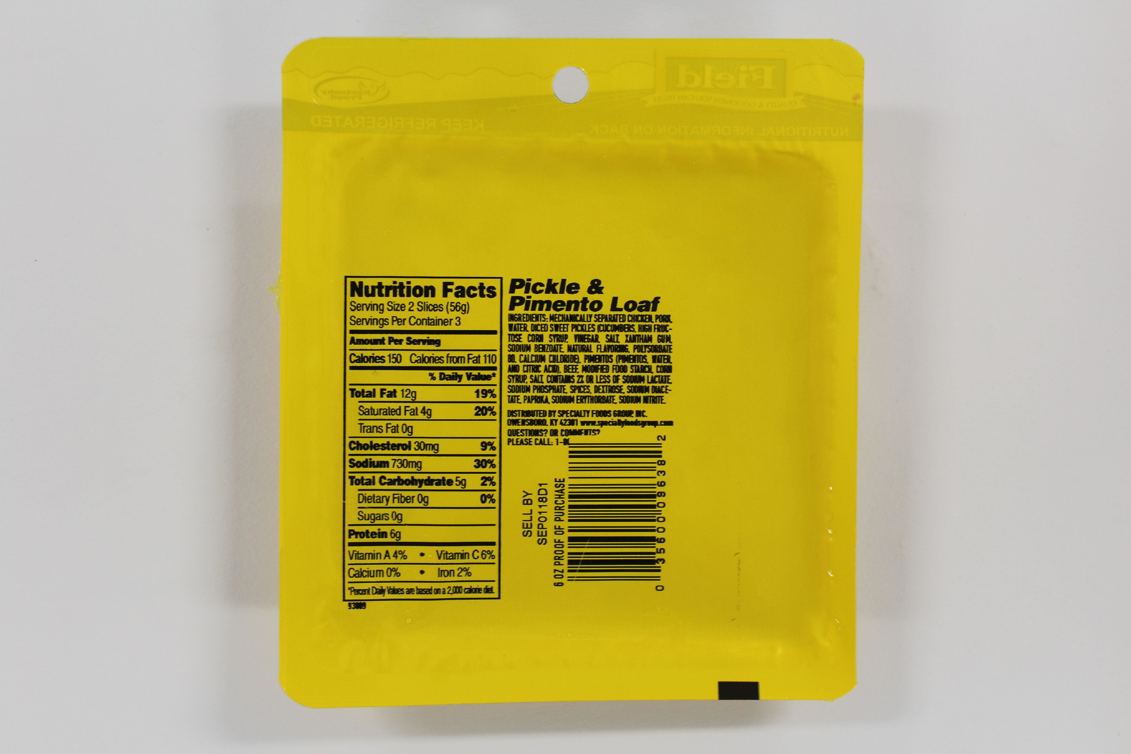 Field Pickle & Pimento Loaf, Sliced, Deli Meat, 6 oz, Packaged in Plastic, Refrigerated