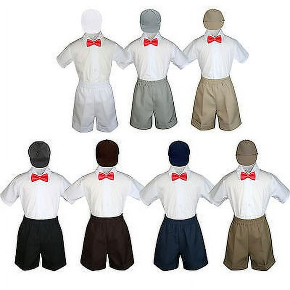 4pc Set Boy Toddler Formal Red Bow Tie White Navy Black Khaki Shorts Hat S-4T
