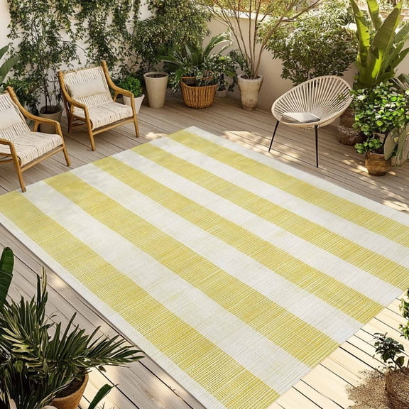 Yellow Striped Outdoor Rug 5x7 Ft - Reversible Patio Rug Outdoor Camping Rugs, Farmhouse Vintage Stripes Washable Indoor Outdoor Area Rugs, Non-Slip Outdoor Carpet Runner for Deck/Porch
