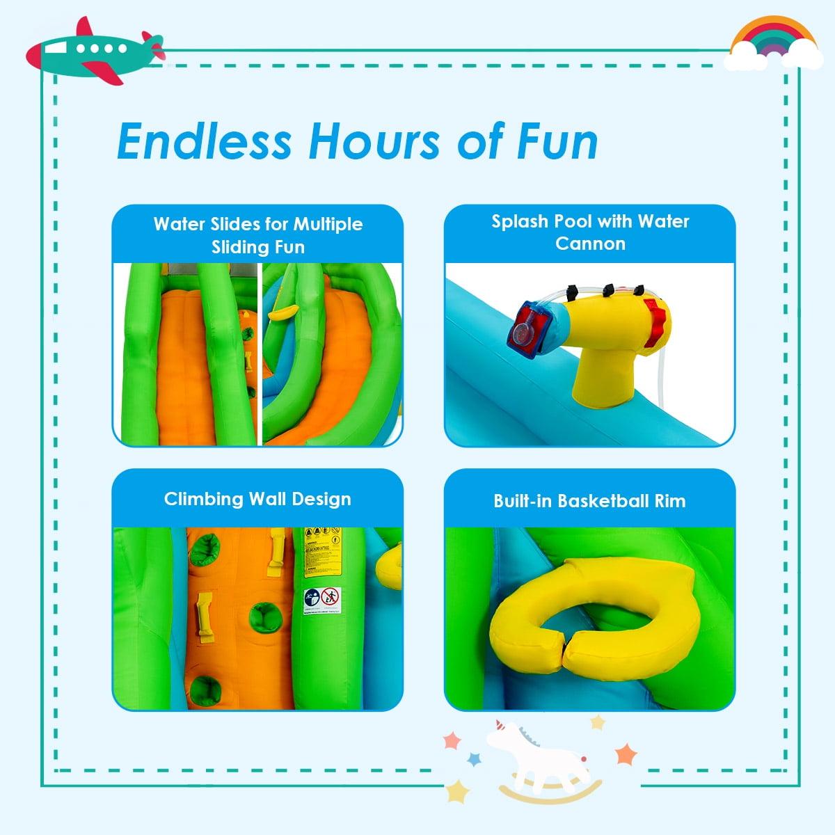 Costway Inflatable Water Park Bounce House Two-Slide Bouncer with Climbing Wall & 480W Blower