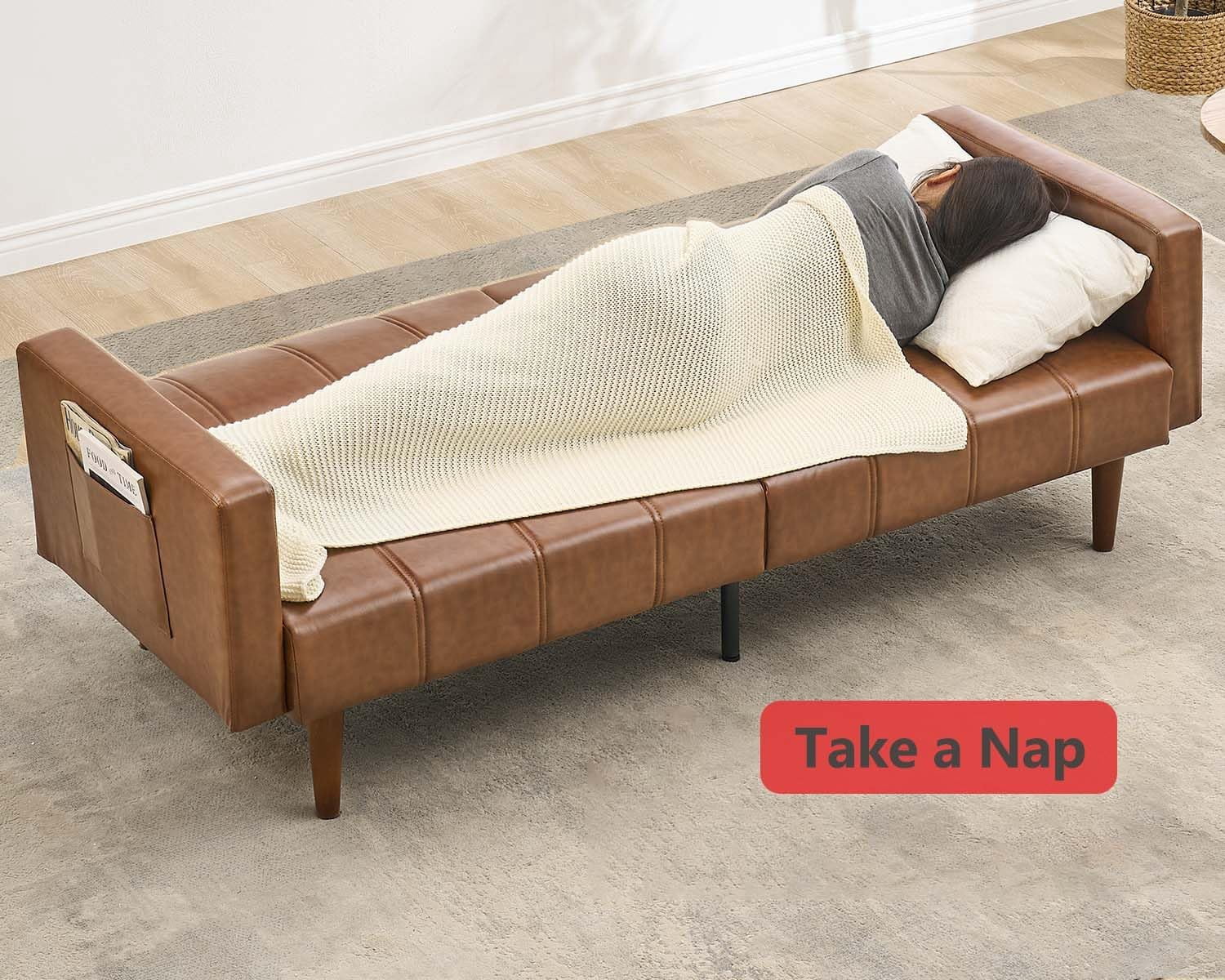 75 in Futon Sofa Bed - Convertible Sleeper Sofa with Adjustable Backrest - Loveseat Small Sofa Bed with Side Pockets - Mid Century Modern Futon Couch - Brown PU Leather Couch for Living Room