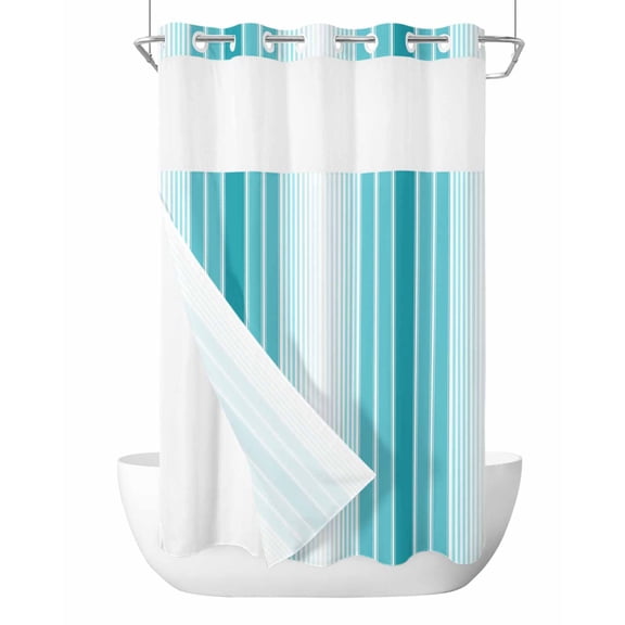 No Hook Cloth Fabric Shower Curtain with Snap in Liner, Turquoise Ombre Stripe Waterproof Shower Curtains Set with See Through Top Window, Farmhouse Simple Striped Bath Curtains Shower 54"x78"